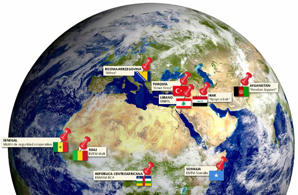 En la actualidad, las Fuerzas Armadas españolas partici­pan en una veintena de operaciones militares en 12 países