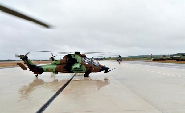 Two Spanish Tiger helicopters take part in the exercise.