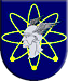 En el campo de azur (azul), busto de plata de “El mensajero de los dioses”, acolado de cuatro órbitas electrónicas de oro dispuestas en cruz y aspa, siendo visibles tres electrones en el extremo inferior de estas